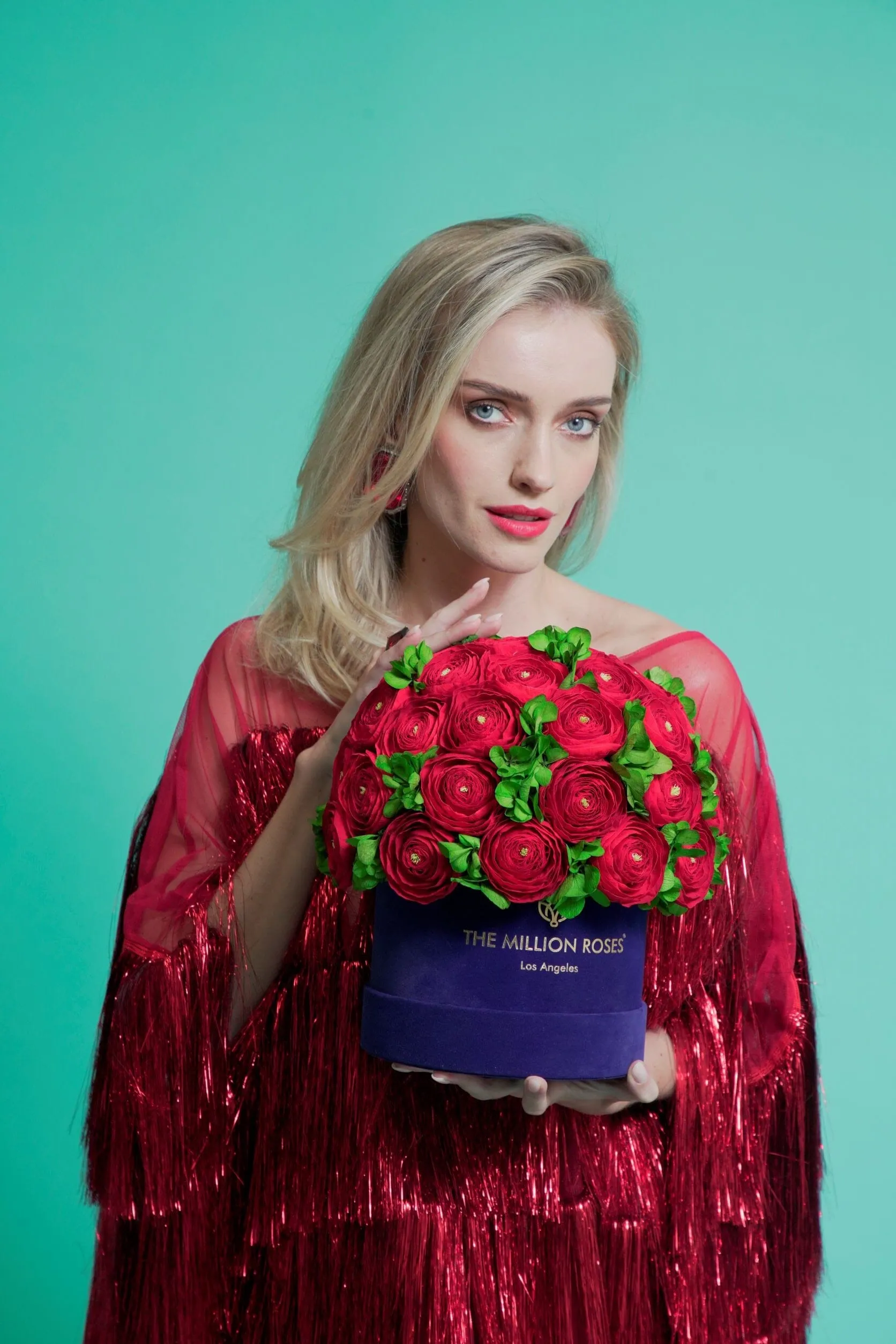 Classic Dark Green Suede Box | Red Persian Buttercups & Green Hydrangeas