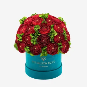 Classic Dark Green Suede Box | Red Persian Buttercups & Green Hydrangeas