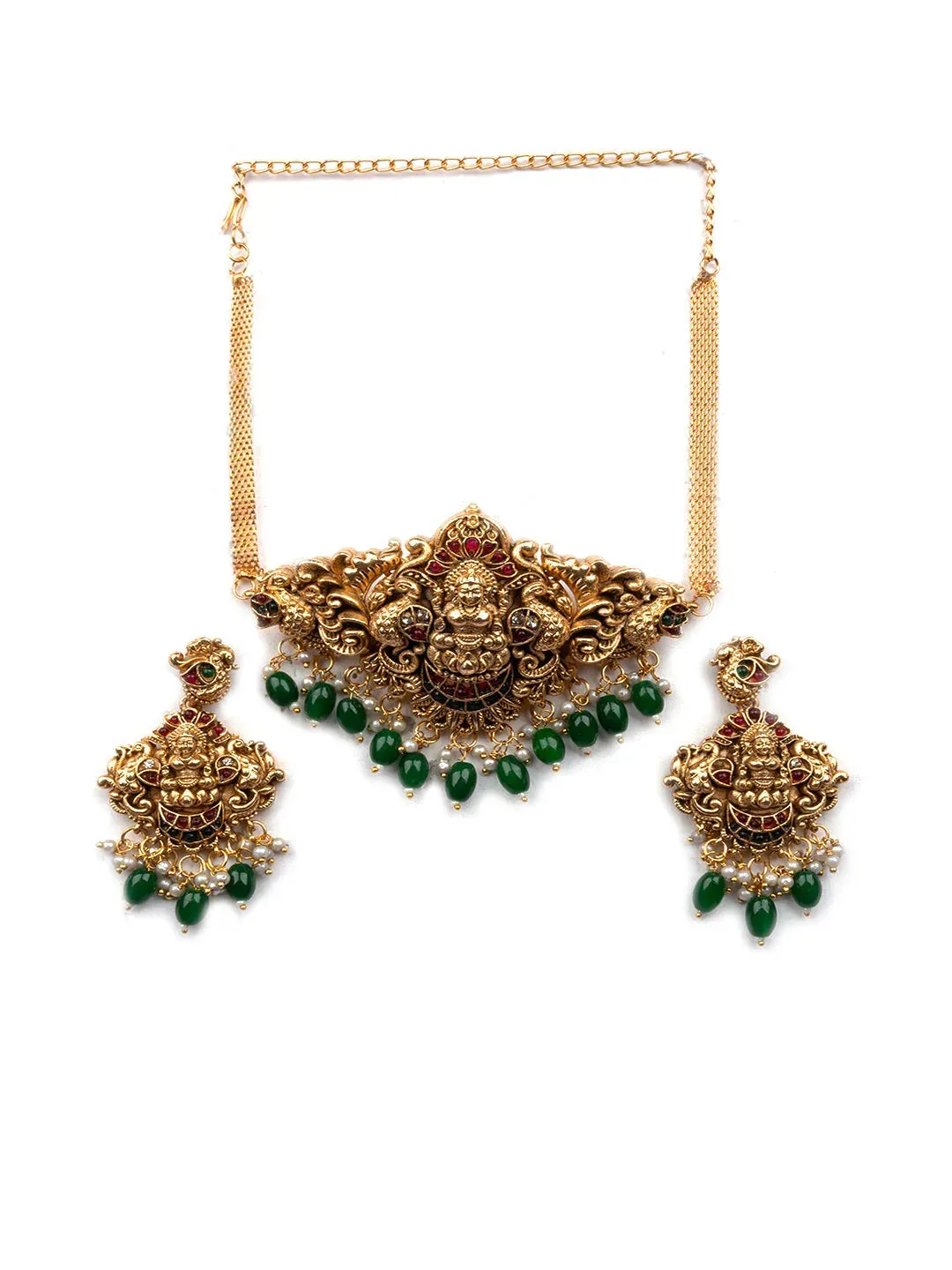 Classic Green Beads Lakshmi Temple Choker Set