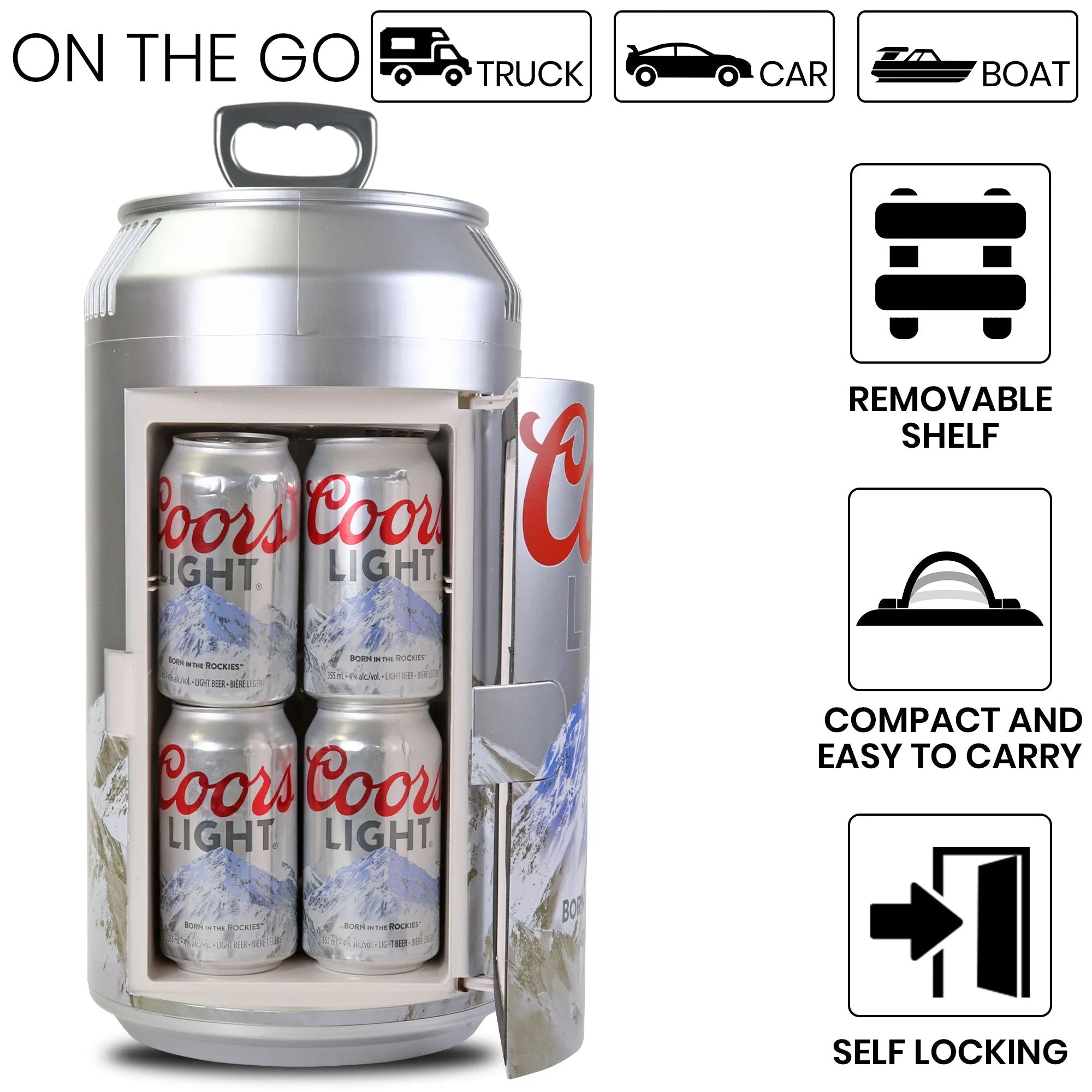 Coors Light 8 Can Portable Mini Fridge w/ 12V DC and 110V AC Cords, 5.4L (5.7 qt) Beer Can Shaped Personal Cooler, Silver, Travel Fridge for Beer, Snacks, Lunch, Drinks, Home, Office, Bar, Dorm, RV