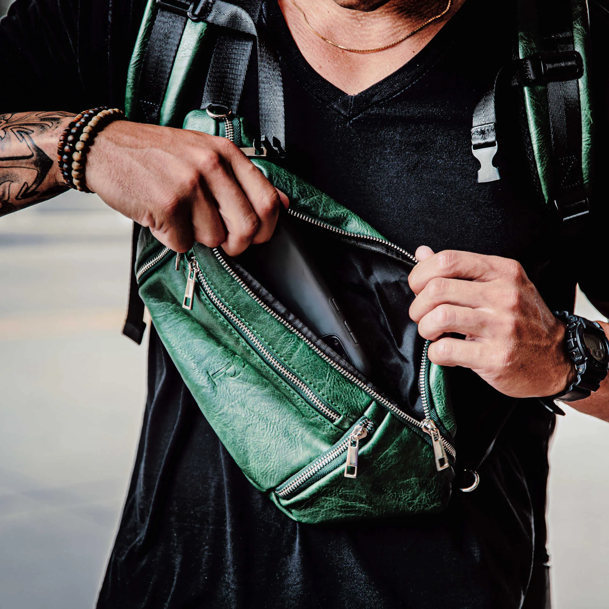 Emerald Green Leather Cross Body-Waist Bag