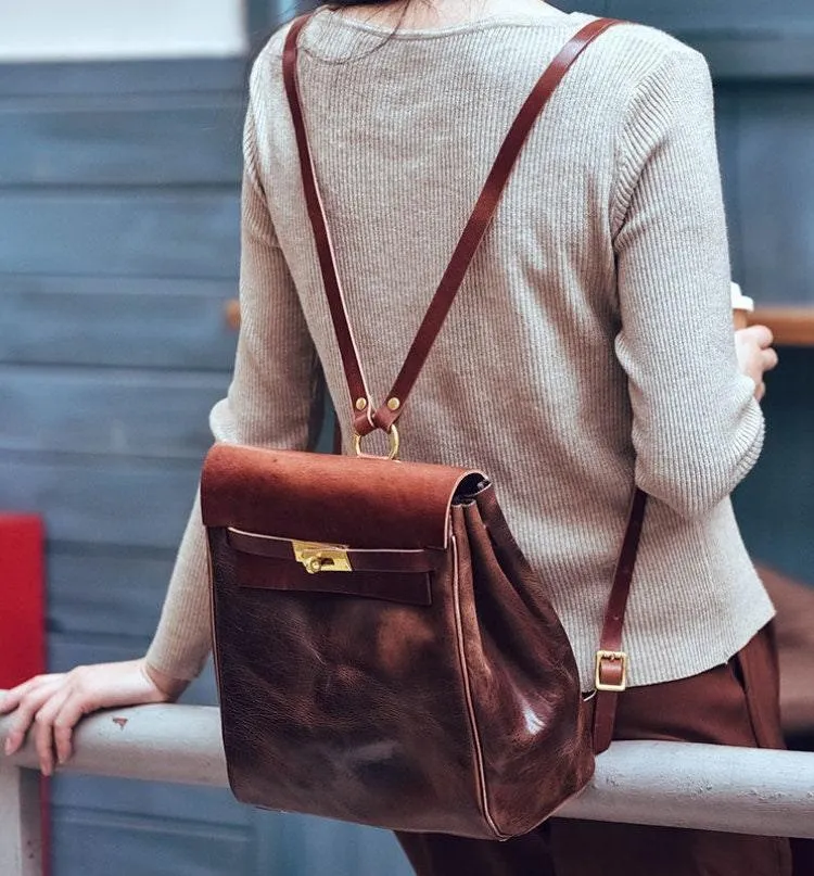 Handcrafted Brown Shoulder 3 in 1, Convertible Backpack, Full Grain Leather Shoulder Bag, Crossbody With Long Strap, Women Backpack Bag