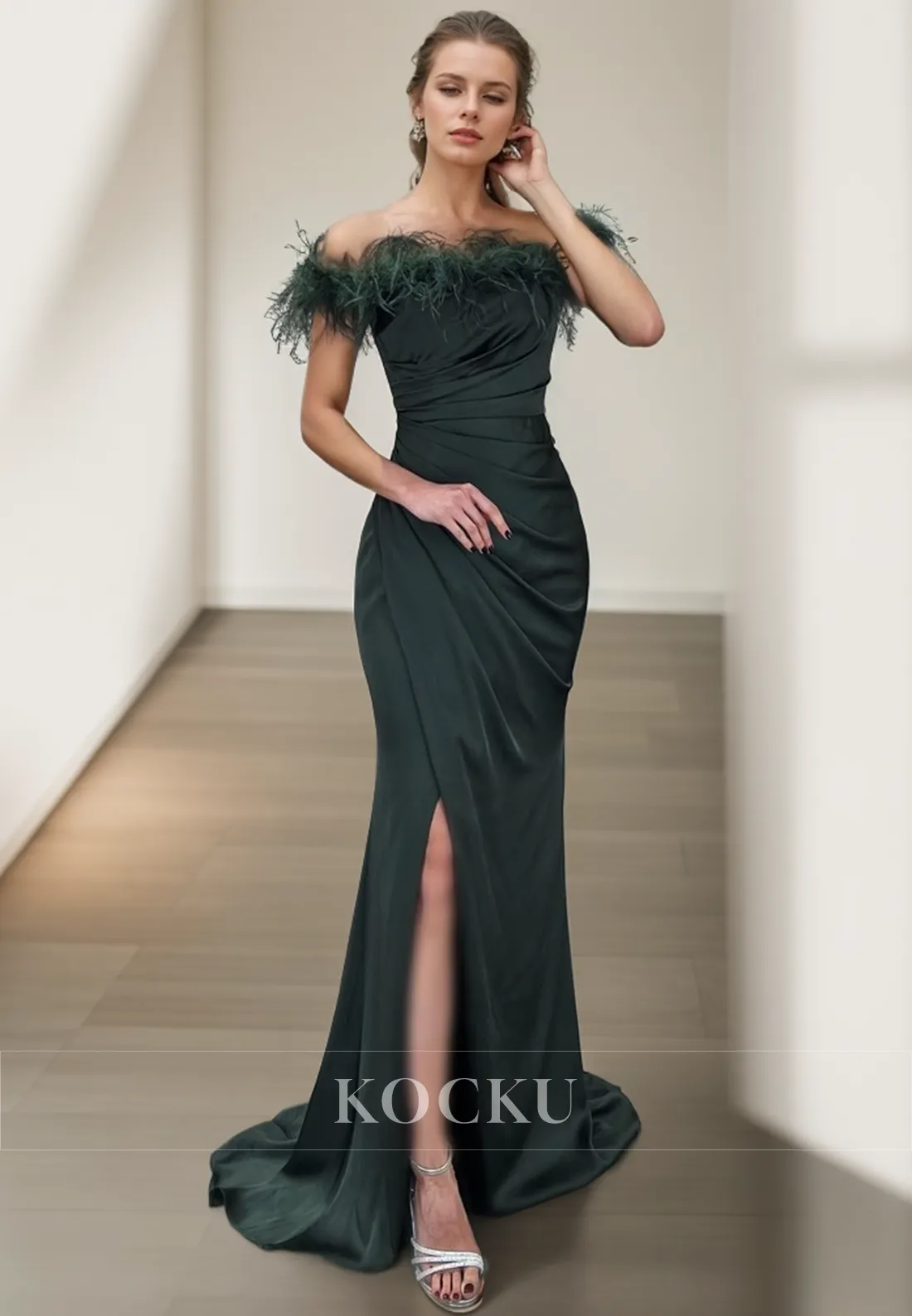 L3083 - Chic & Modern Off-Shoulder Mermaid Split Evening Party Prom Dress With Feather