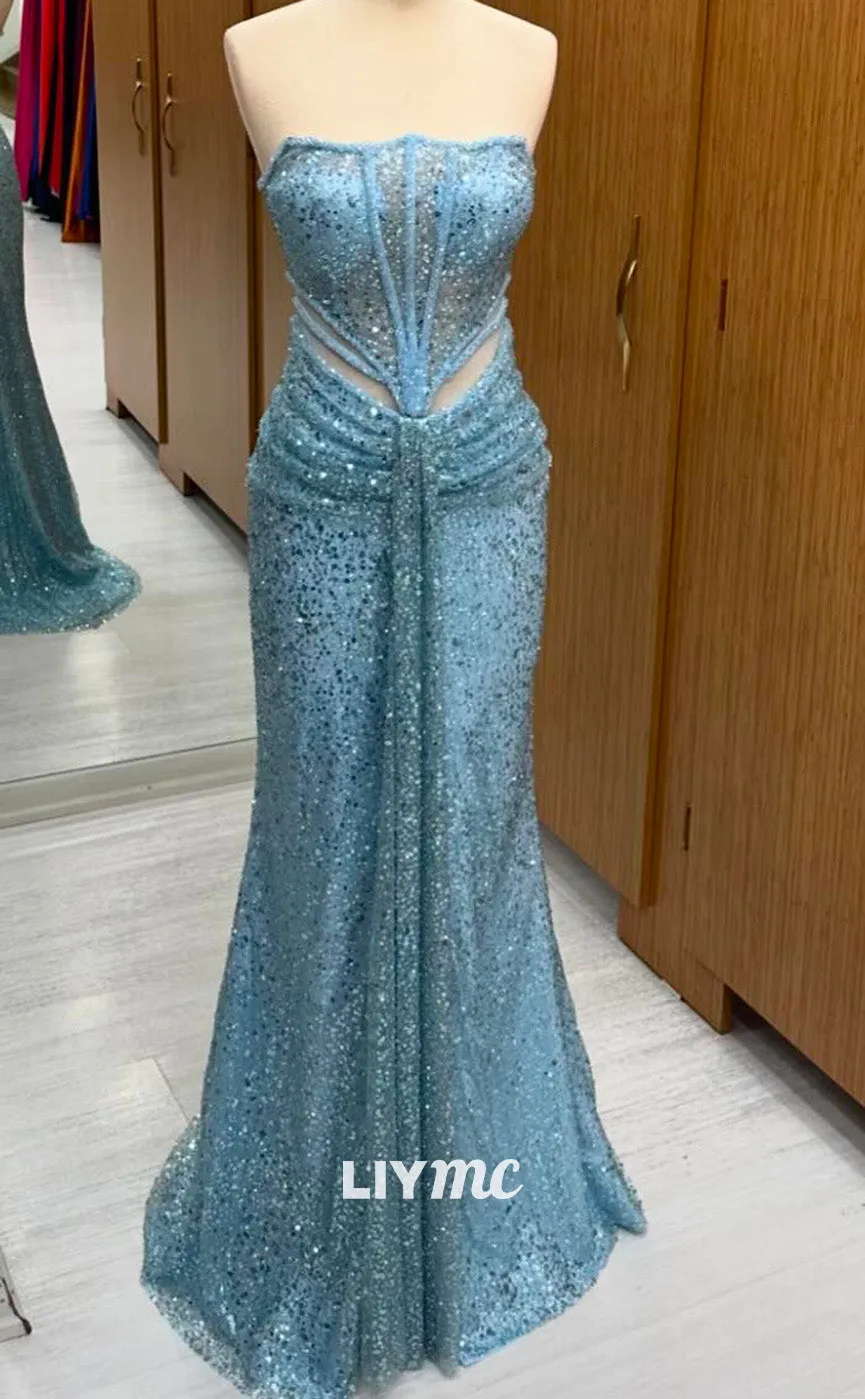 LP2255 - Strapless Sleeveless Beaded Sheer Sequins Cut Outs Pleated Cocktail Dress Prom Dress