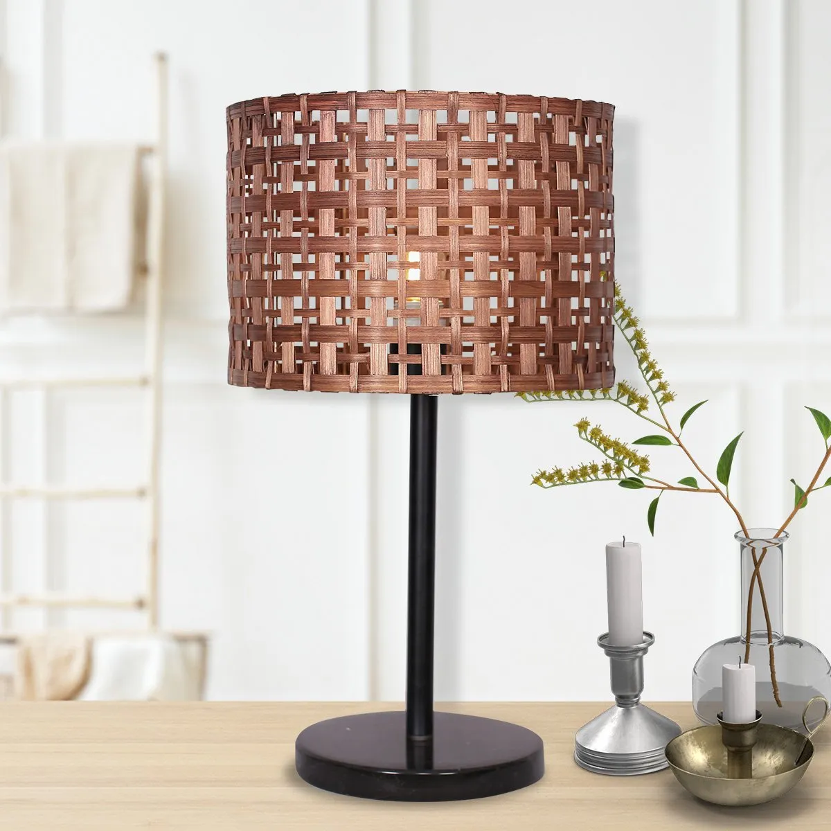 Natural Rattan Desk Lamp, Black Marble Base, Metal Stand