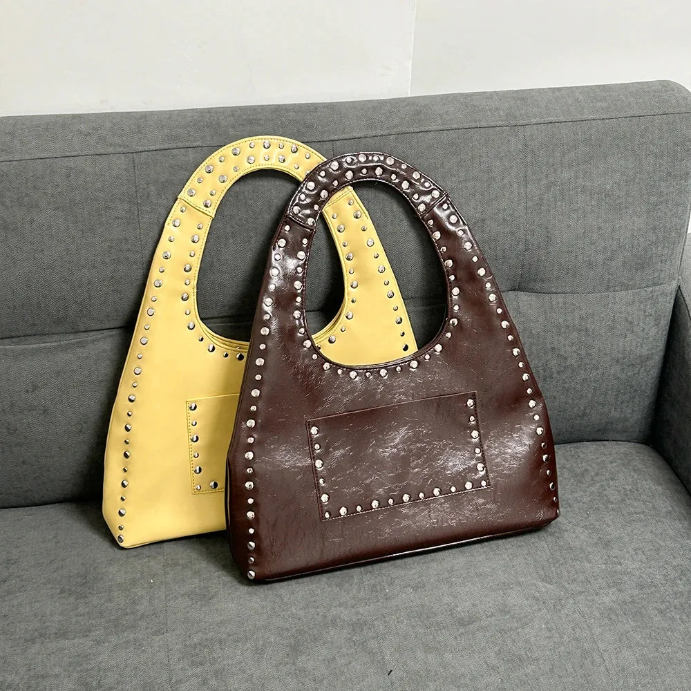 Retro Rivet Oil Wax Leather Shoulder Bag