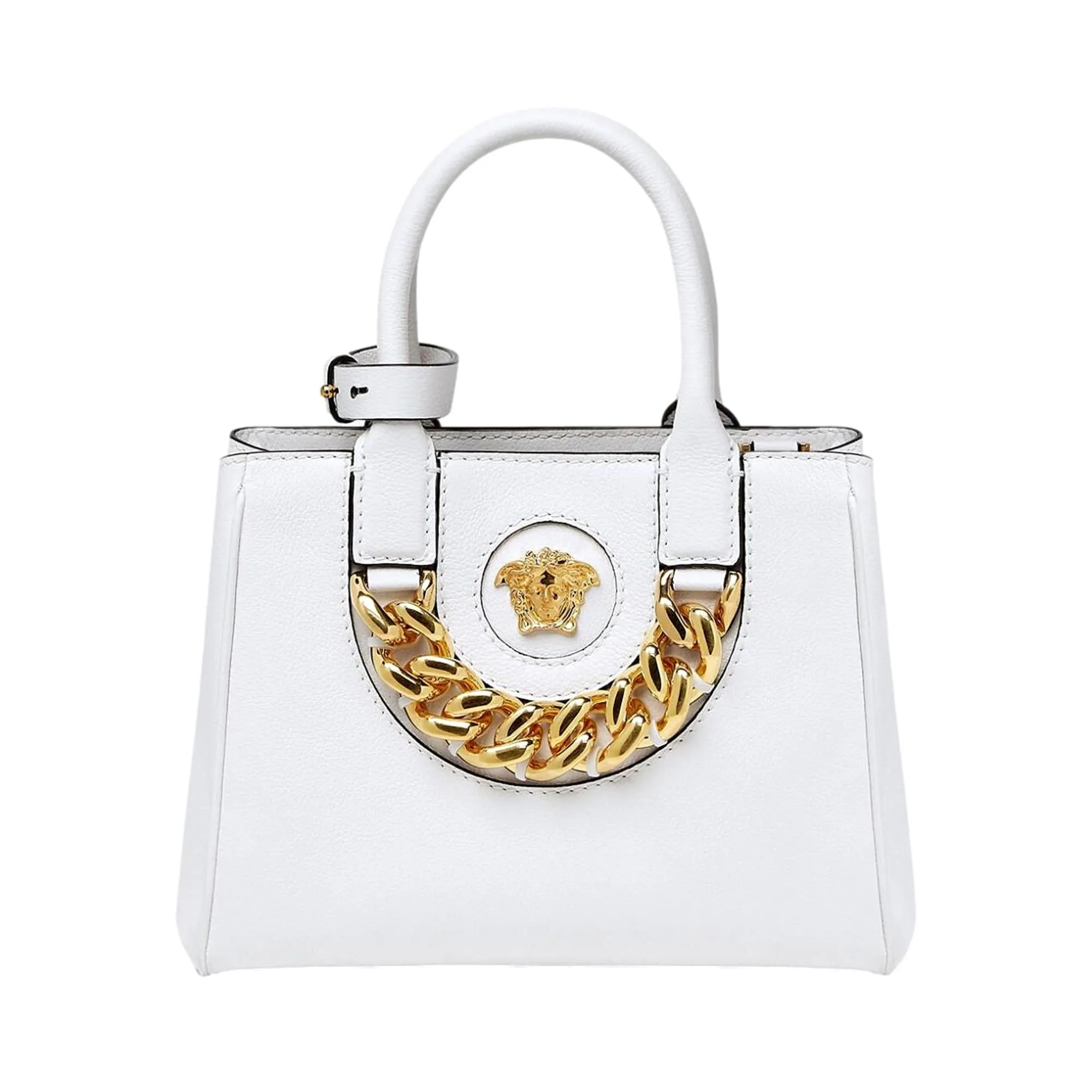 Versace La Medusa Gold Plaque White Leather Small Crossbody Tote Bag