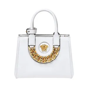 Versace La Medusa Gold Plaque White Leather Small Crossbody Tote Bag