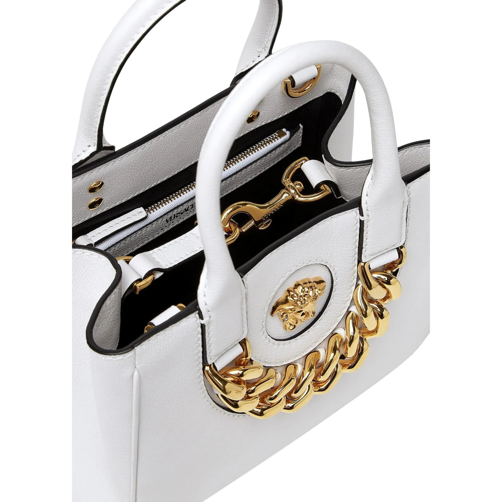 Versace La Medusa Gold Plaque White Leather Small Crossbody Tote Bag