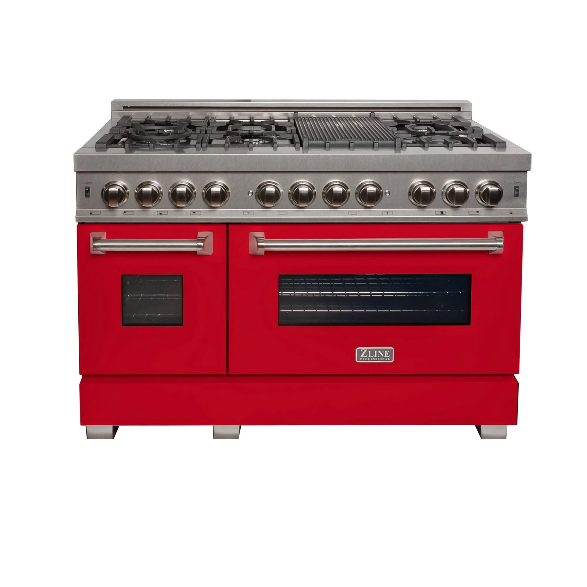 ZLINE 48 in. 6.0 cu. ft. Legacy Dual Fuel Range with 7 Burner Gas Cooktop and 2 Electric Ovens in DuraSnow® Stainless Steel and Red Matte Doors (RAS-RM-48)