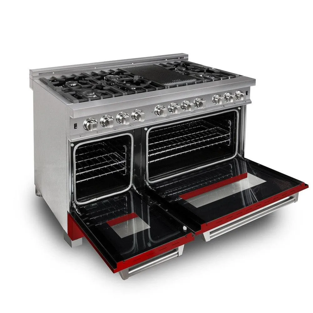 ZLINE 48 in. 6.0 cu. ft. Legacy Dual Fuel Range with 7 Burner Gas Cooktop and 2 Electric Ovens in DuraSnow® Stainless Steel and Red Matte Doors (RAS-RM-48)