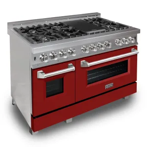 ZLINE 48 in. 6.0 cu. ft. Legacy Dual Fuel Range with 7 Burner Gas Cooktop and 2 Electric Ovens in DuraSnow® Stainless Steel and Red Matte Doors (RAS-RM-48)