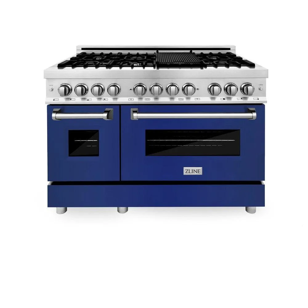 ZLINE 48 in. 6.0 cu. ft. Legacy Dual Fuel Range with 7 Burner Gas Cooktop and 2 Electric Ovens in Stainless Steel and Blue Gloss Doors (RA-BG-48)