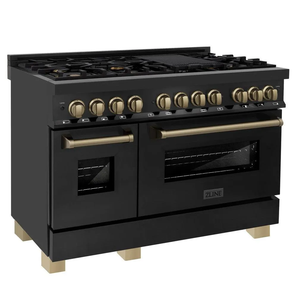 ZLINE Autograph Edition 48 in. 6.0 cu. ft. Legacy Dual Fuel Range with 7 Burner Gas Cooktop and 2 Electric Ovens in Black Stainless Steel and Champagne Bronze Accents (RABZ-48-CB)