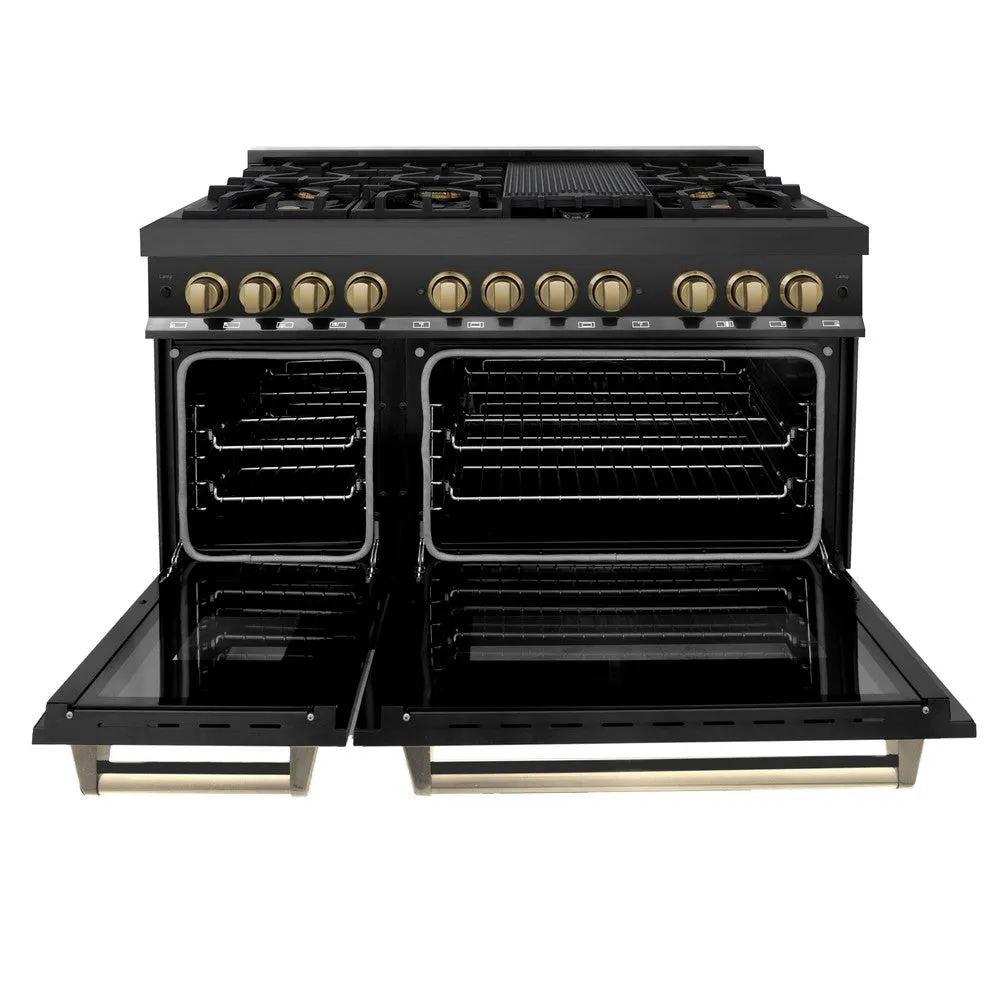 ZLINE Autograph Edition 48 in. 6.0 cu. ft. Legacy Dual Fuel Range with 7 Burner Gas Cooktop and 2 Electric Ovens in Black Stainless Steel and Champagne Bronze Accents (RABZ-48-CB)