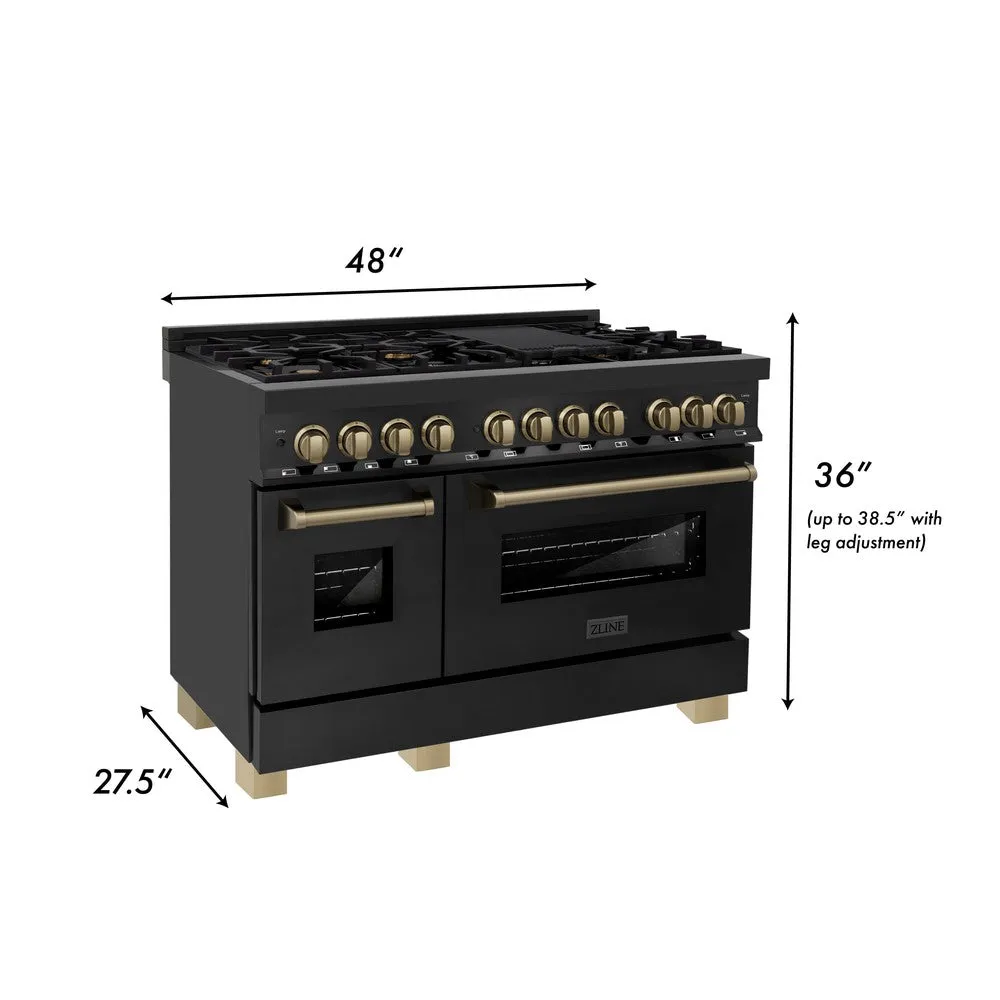 ZLINE Autograph Edition 48 in. 6.0 cu. ft. Legacy Dual Fuel Range with 7 Burner Gas Cooktop and 2 Electric Ovens in Black Stainless Steel and Champagne Bronze Accents (RABZ-48-CB)